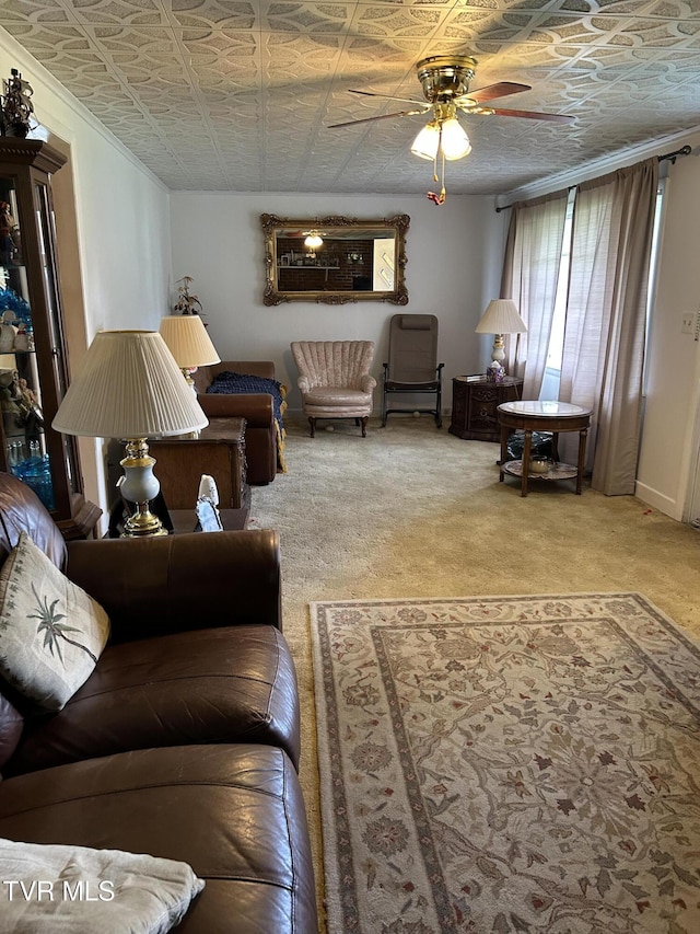 406 NE Mason Ave, Wise, VA 24293 - living room with a ceiling fan, an ornate ceiling, and carpet