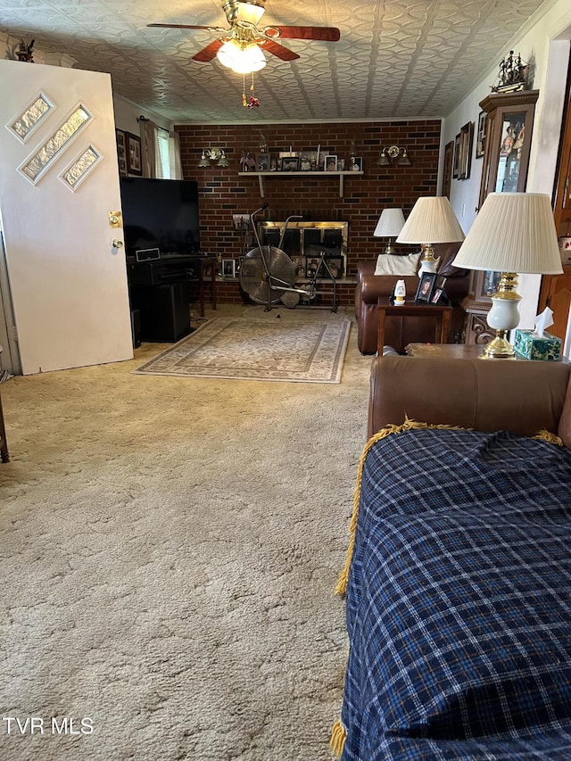 406 NE Mason Ave, Wise, VA 24293 - carpeted bedroom featuring an ornate ceiling, ceiling fan, and brick wall