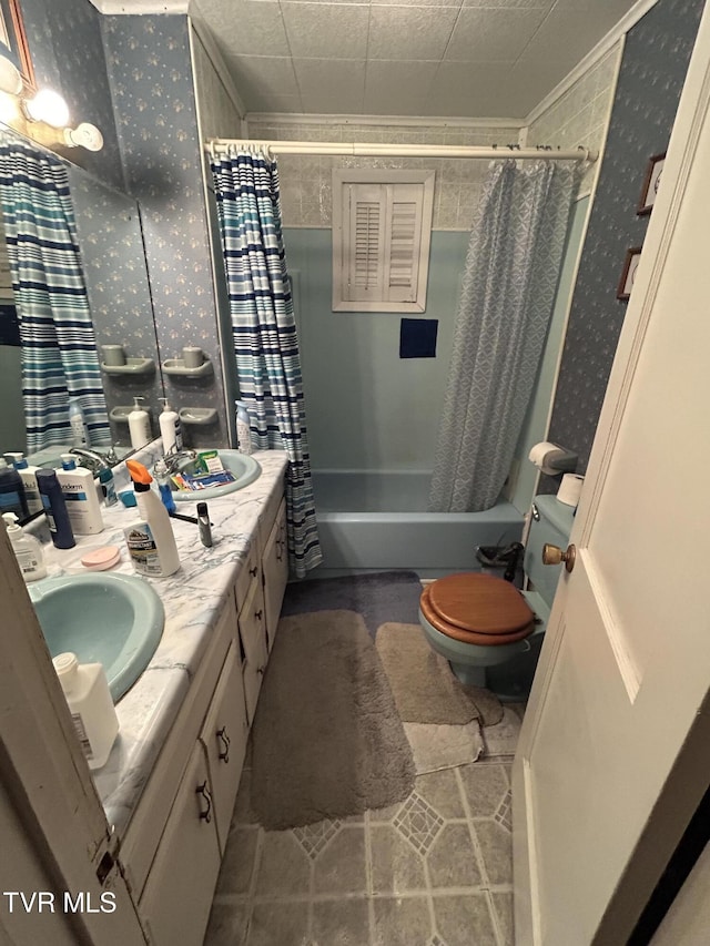 406 NE Mason Ave, Wise, VA 24293 - bathroom featuring wallpapered walls, vanity, shower / bath combo with shower curtain, and crown molding