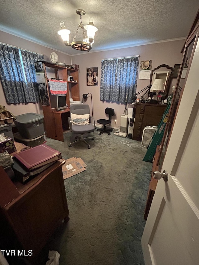 406 NE Mason Ave, Wise, VA 24293 - carpeted office featuring a textured ceiling, ornamental molding, and a chandelier