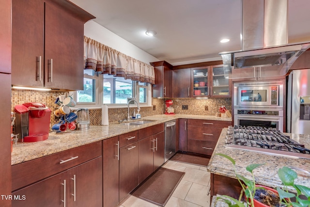 236 Wadlow Gap Rd, Kingsport, TN 37660 - kitchen with stainless steel appliances, island exhaust hood, light stone counters, tasteful backsplash, and recessed lighting