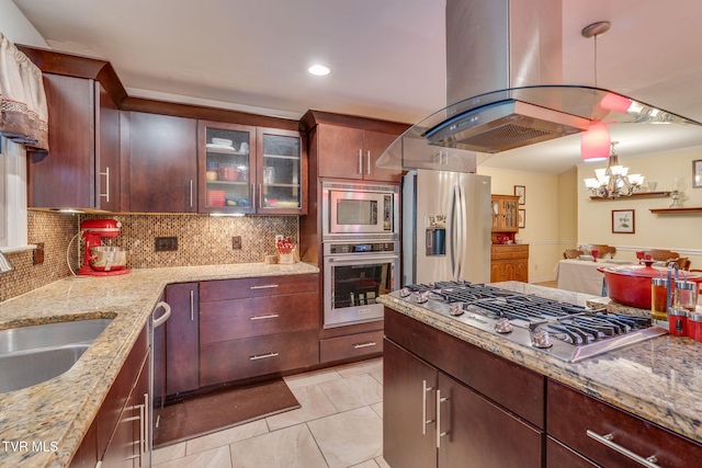 236 Wadlow Gap Rd, Kingsport, TN 37660 - kitchen with stainless steel appliances, island exhaust hood, light tile patterned floors, tasteful backsplash, and recessed lighting