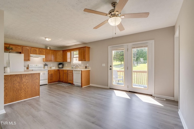 6215 Snapps Ferry Rd, Afton, TN 37616 - kitchen featuring white appliances, under cabinet range hood, light countertops, a textured ceiling, and light wood-style flooring
