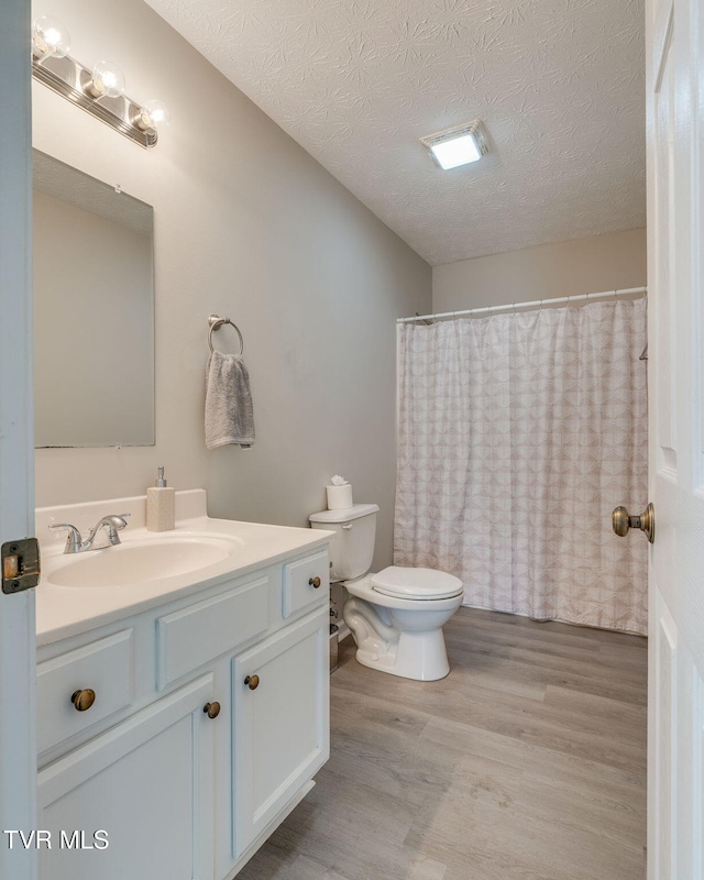 6215 Snapps Ferry Rd, Afton, TN 37616 - bathroom with vanity, wood finished floors, a textured ceiling, and a shower with shower curtain