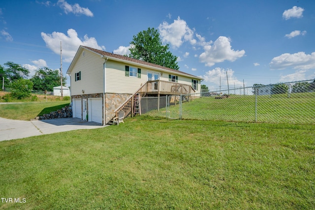 6215 Snapps Ferry Rd, Afton, TN 37616 - back of property featuring stairs, a garage, stone siding, driveway, and a deck