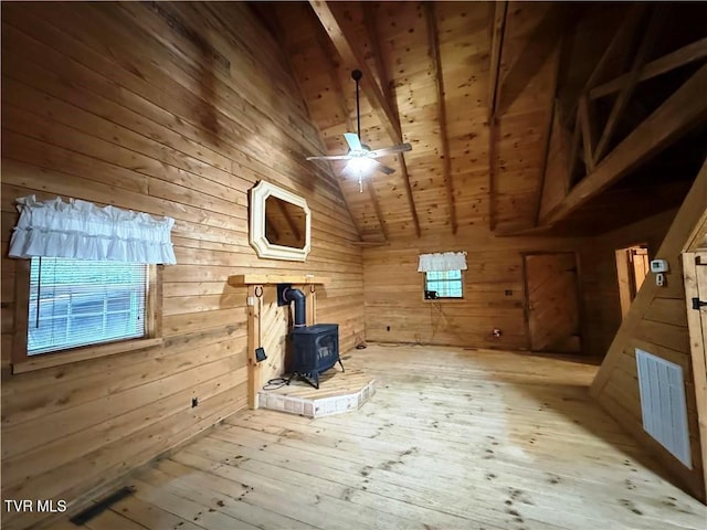 912 Hawkins Rd, Laurel Bloomery, TN 37680 - additional living space with wood walls, a wood stove, wood-type flooring, wood ceiling, and ceiling fan