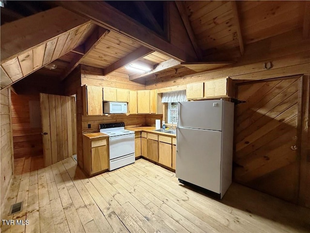 912 Hawkins Rd, Laurel Bloomery, TN 37680 - kitchen featuring white appliances, wooden walls, light wood-style floors, light countertops, and wooden ceiling