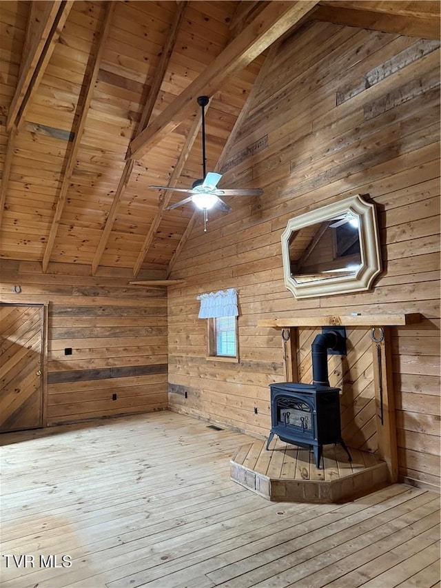 912 Hawkins Rd, Laurel Bloomery, TN 37680 - bonus room with a wood stove, wood walls, wooden ceiling, ceiling fan, and wood-type flooring