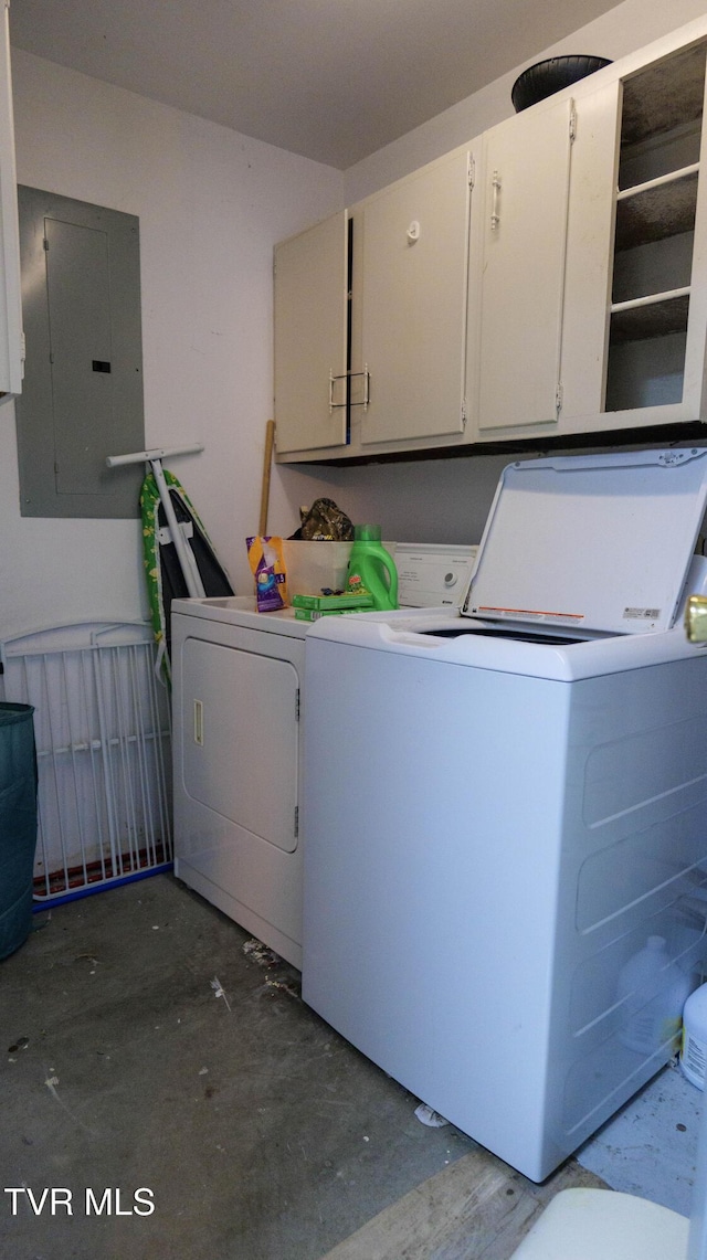 221 Timber Ridge Rd, Jonesborough, TN 37659 - laundry room featuring electric panel, cabinet space, and separate washer and dryer