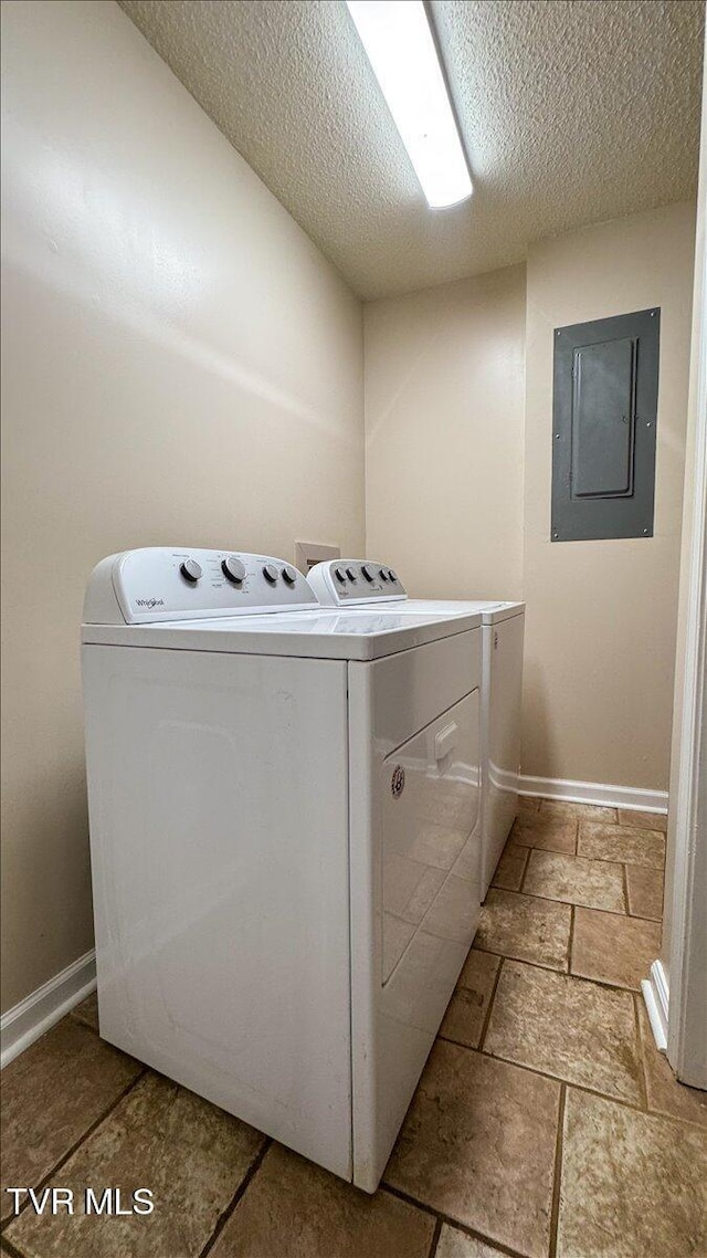 542 Sigman Hollow Rd, Bluff City, TN 37618 - laundry room featuring electric panel, washing machine and dryer, and a textured ceiling