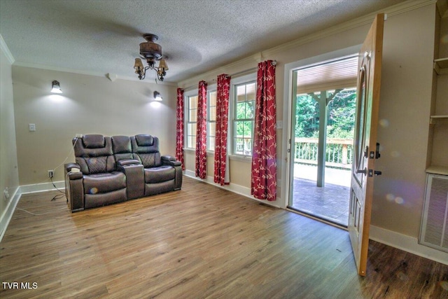542 Sigman Hollow Rd, Bluff City, TN 37618 - home theater with ornamental molding, wood finished floors, and a textured ceiling