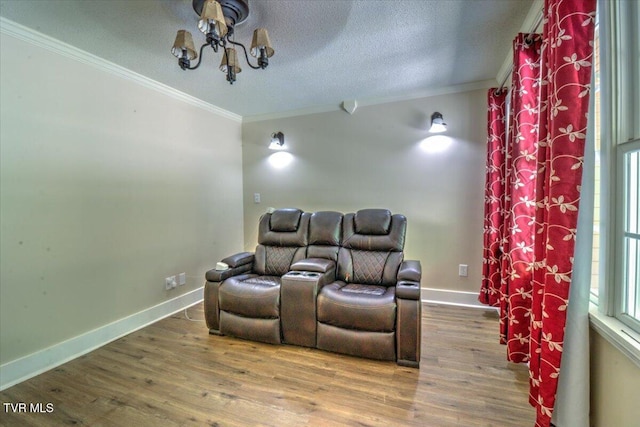 542 Sigman Hollow Rd, Bluff City, TN 37618 - home theater room featuring a chandelier, ornamental molding, wood finished floors, and a textured ceiling