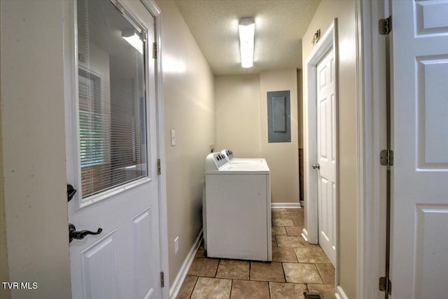 542 Sigman Hollow Rd, Bluff City, TN 37618 - laundry room featuring washer / dryer, electric panel, light stone finish floors, and a textured ceiling