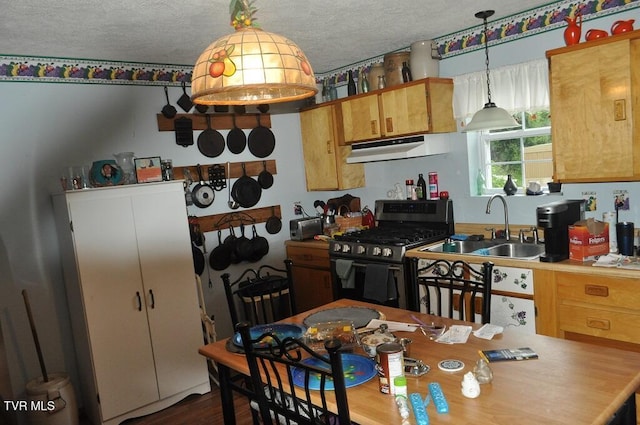7125 Indian Creek Rd, Wise, VA 24293 - kitchen featuring gas stove, under cabinet range hood, a textured ceiling, light countertops, and pendant lighting