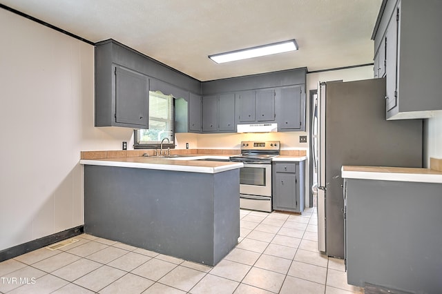 8822 Rich Valley Rd, Bristol, VA 24202 - kitchen with appliances with stainless steel finishes, under cabinet range hood, a peninsula, gray cabinets, and light countertops