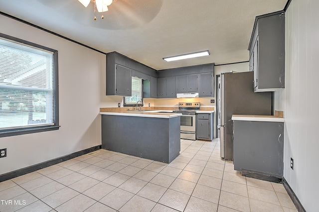 8822 Rich Valley Rd, Bristol, VA 24202 - kitchen with stainless steel appliances, a peninsula, gray cabinets, and light tile patterned floors