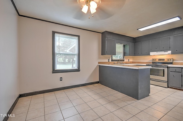 8822 Rich Valley Rd, Bristol, VA 24202 - kitchen featuring stainless steel range with electric stovetop, under cabinet range hood, gray cabinetry, a peninsula, and plenty of natural light