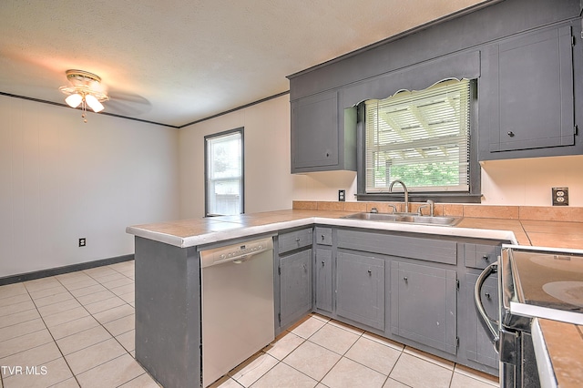 8822 Rich Valley Rd, Bristol, VA 24202 - kitchen with dishwasher, gray cabinets, a peninsula, black range with electric cooktop, and light tile patterned floors