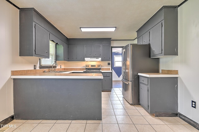 8822 Rich Valley Rd, Bristol, VA 24202 - kitchen with stainless steel appliances, a peninsula, gray cabinetry, and under cabinet range hood