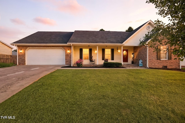 1014 Fox Meadow Cir, Bluff City, TN 37618 - ranch-style home with asphalt driveway, a porch, a garage, brick siding, and roof with shingles