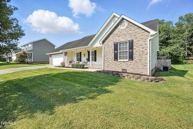 1014 Fox Meadow Cir, Bluff City, TN 37618 - ranch-style house with covered porch, brick siding, an attached garage, a front yard, and crawl space