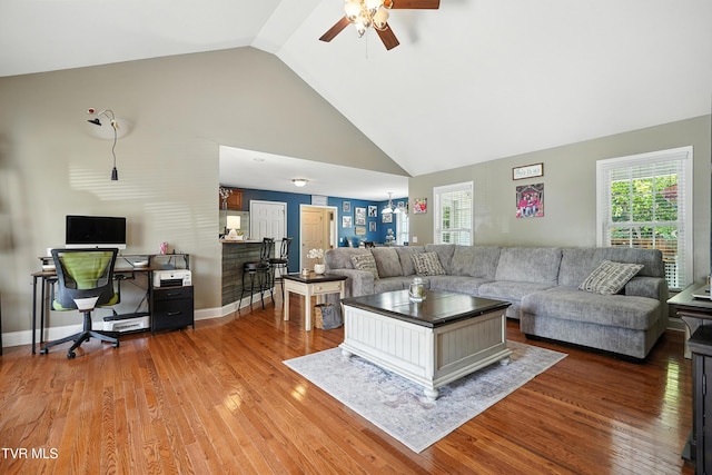 1014 Fox Meadow Cir, Bluff City, TN 37618 - living area featuring ceiling fan, high vaulted ceiling, plenty of natural light, and light wood finished floors