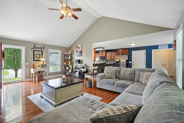 1014 Fox Meadow Cir, Bluff City, TN 37618 - living area with a ceiling fan, wood finished floors, and high vaulted ceiling