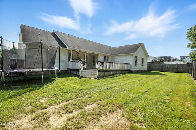 1014 Fox Meadow Cir, Bluff City, TN 37618 - rear view of property with a trampoline, a fenced backyard, a shingled roof, and a deck