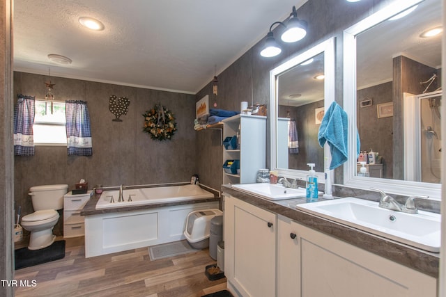 22720 Twin Oaks Rd, Abingdon, VA 24211 - bathroom featuring wood finished floors, a bath, double vanity, a stall shower, and a textured ceiling