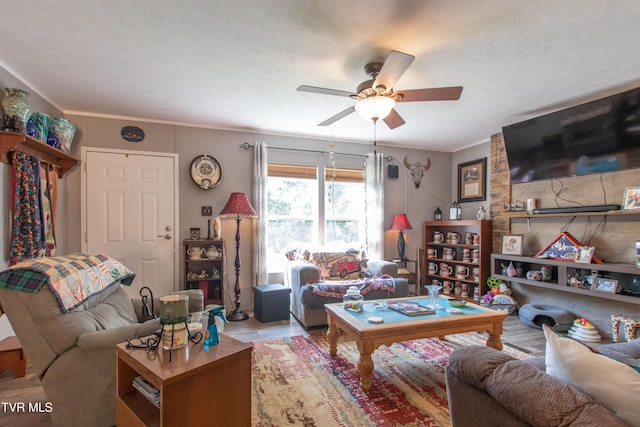 22720 Twin Oaks Rd, Abingdon, VA 24211 - living area with ceiling fan, light wood finished floors, ornamental molding, and a textured ceiling