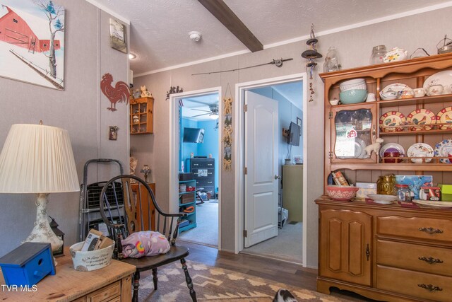 22720 Twin Oaks Rd, Abingdon, VA 24211 - interior space featuring wood finished floors, a textured ceiling, beamed ceiling, and ceiling fan