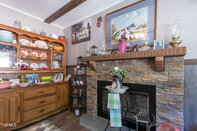 22720 Twin Oaks Rd, Abingdon, VA 24211 - living room with a fireplace, wood finished floors, and beam ceiling
