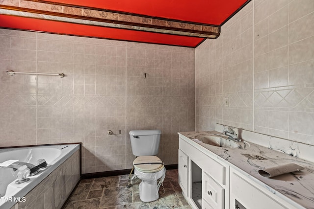 285 Vanover Ln, Jacksboro, TN 37757 - bathroom with tile walls, vanity, and a relaxing tiled tub