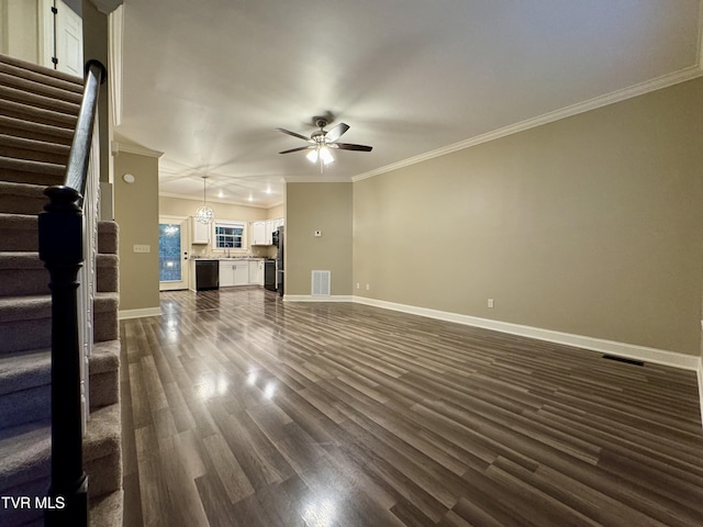 220 Cedar Creek Rd Unit 1, Johnson City, TN 37615 - unfurnished living room with stairs, a ceiling fan, crown molding, and dark wood-type flooring