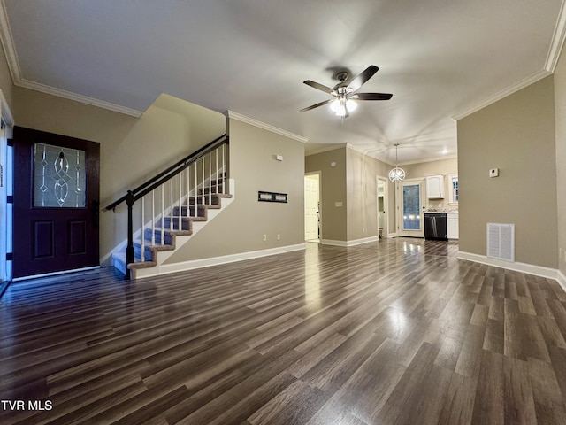 220 Cedar Creek Rd Unit 1, Johnson City, TN 37615 - unfurnished living room featuring stairway, a ceiling fan, dark wood-style flooring, and crown molding