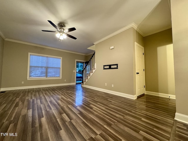 220 Cedar Creek Rd Unit 1, Johnson City, TN 37615 - unfurnished living room with a ceiling fan, stairway, dark wood-style floors, and crown molding