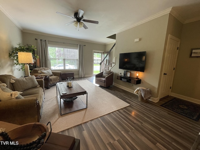 220 Cedar Creek Rd Unit 1, Johnson City, TN 37615 - living room with wood finished floors, a ceiling fan, crown molding, and stairway