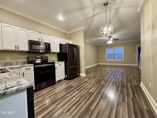 220 Cedar Creek Rd Unit 1, Johnson City, TN 37615 - kitchen with black appliances, a chandelier, white cabinets, dark wood-style flooring, and ornamental molding