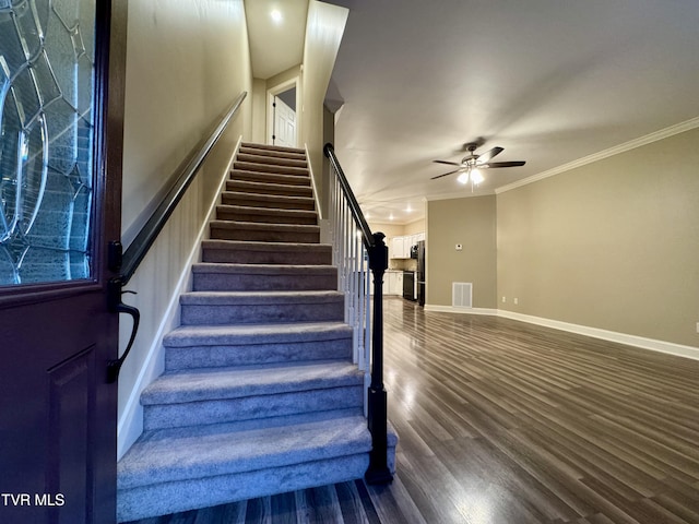 220 Cedar Creek Rd Unit 1, Johnson City, TN 37615 - stairway with ornamental molding, ceiling fan, and wood finished floors