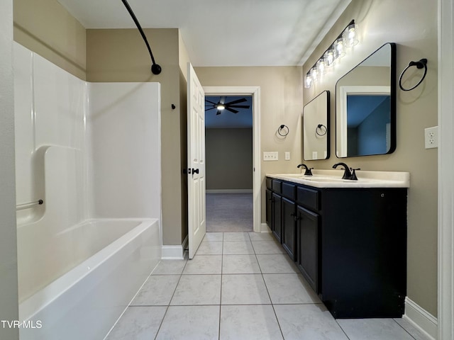 220 Cedar Creek Rd Unit 1, Johnson City, TN 37615 - full bath featuring double vanity, shower / bath combination, tile patterned floors, and a ceiling fan