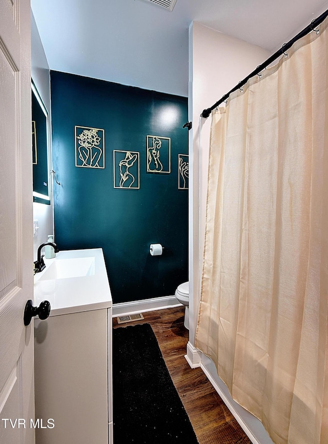 216 3rd St, Erwin, TN 37650 - bathroom featuring vanity, wood finished floors, and curtained shower