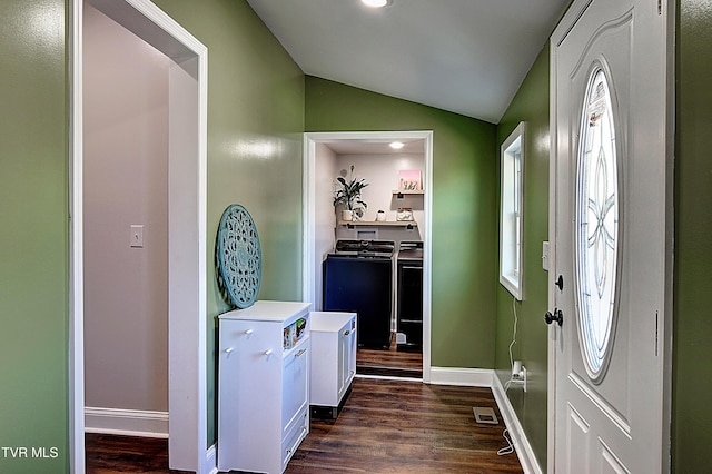 216 3rd St, Erwin, TN 37650 - entrance foyer with dark wood-style floors, lofted ceiling, plenty of natural light, and washer / clothes dryer