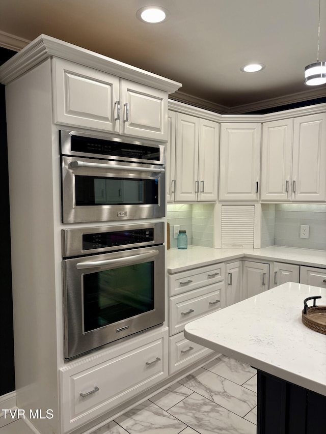 110 Galway Rd, Bristol, TN 37620 - kitchen with light marble finish flooring, double oven, white cabinets, recessed lighting, and decorative backsplash