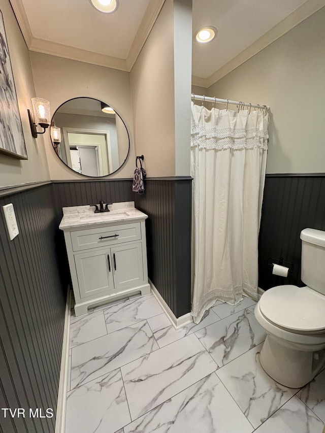 110 Galway Rd, Bristol, TN 37620 - bathroom with a wainscoted wall, ornamental molding, vanity, curtained shower, and wood walls
