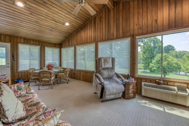 409 Brooklea Cir, Bluff City, TN 37618 - sunroom / solarium with vaulted ceiling, wooden ceiling, wooden walls, carpet flooring, and healthy amount of natural light