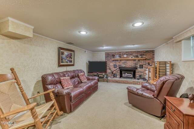 409 Brooklea Cir, Bluff City, TN 37618 - living room featuring a textured ceiling, carpet flooring, a brick fireplace, ornamental molding, and recessed lighting
