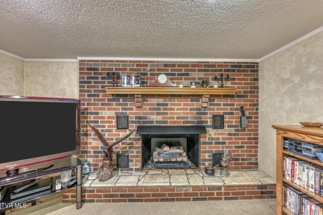 409 Brooklea Cir, Bluff City, TN 37618 - detailed view of a textured ceiling, ornamental molding, a brick fireplace, and carpet