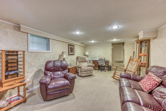 409 Brooklea Cir, Bluff City, TN 37618 - carpeted living room with ornamental molding, a textured ceiling, wallpapered walls, and recessed lighting