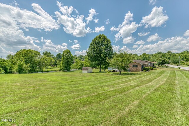 409 Brooklea Cir, Bluff City, TN 37618 - view of green lawn featuring a storage unit, a view of countryside, and view of wooded area