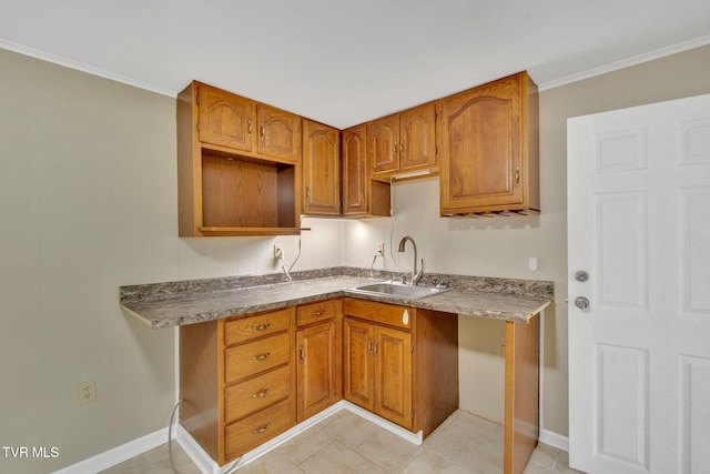308 Cardinal Ln, Bristol, TN 37620 - kitchen with ornamental molding, brown cabinets, and light tile patterned flooring